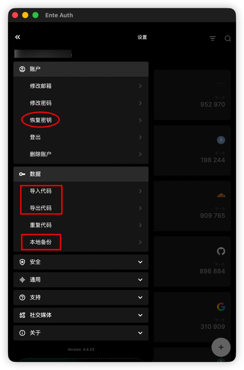 Ente Auth 设置菜单